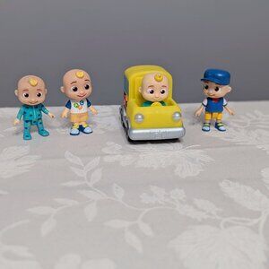 Lot of 4 Cocomelon Figures & Vehicle Toys JJ Mini JJ School Bus Train Conductor